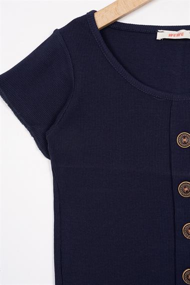 Bisiklet Yaka Kısa Kol Fitilli Lacivert Renk Kız Çocuk Tshirt