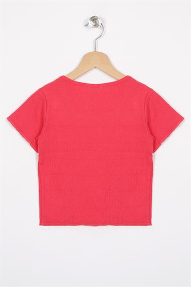 Bisiklet Yaka Kısa Kol Fitilli Pembe Renk Kız Çocuk Tshirt