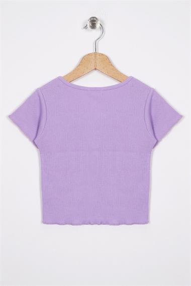 Bisiklet Yaka Kısa Kol Fitilli Lila Renk Kız Çocuk Tshirt