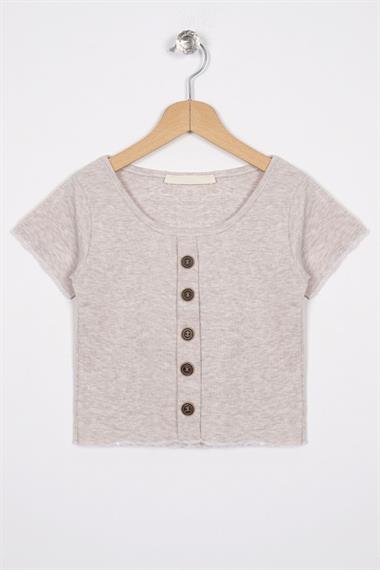Bisiklet Yaka Kısa Kol Fitilli Bej Melanj Renk Kız Çocuk Tshirt