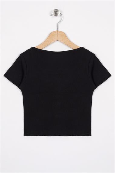 Bisiklet Yaka Kısa Kol Fitilli Siyah Renk Kız Çocuk Tshirt