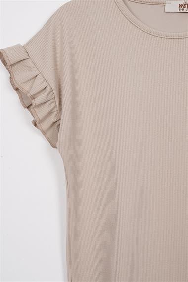 Bisiklet Yaka Kısa Kol Pötikare Detaylı Bej Renk Kız Çocuk Pantolon Takım