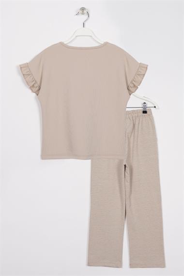 Bisiklet Yaka Kısa Kol Pötikare Detaylı Bej Renk Kız Çocuk Pantolon Takım