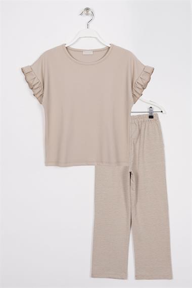 Bisiklet Yaka Kısa Kol Pötikare Detaylı Bej Renk Kız Çocuk Pantolon Takım