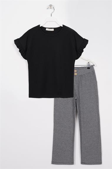 Bisiklet Yaka Kısa Kol Pötikare Detaylı Siyah Renk Kız Çocuk Pantolon Takım