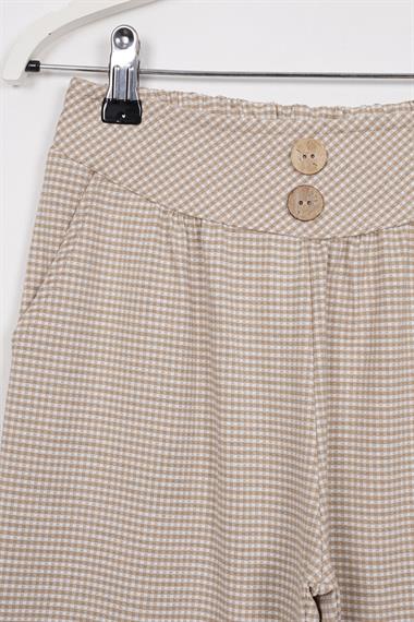 Bisiklet Yaka Kısa Kol Pötikare Detaylı Bej Renk Kız Çocuk Pantolon Takım