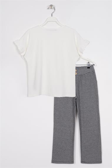 Bisiklet Yaka Kısa Kol Pötikare Detaylı Ekru Siyah Renk Kız Çocuk Pantolon Takım