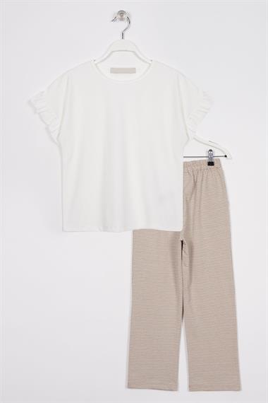 Bisiklet Yaka Kısa Kol Pötikare Detaylı Ekru Bej Renk Kız Çocuk Pantolon Takım