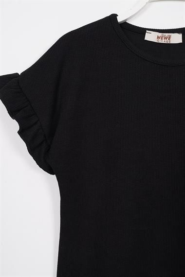 Bisiklet Yaka Kısa Kol Pötikare Detaylı Siyah Renk Kız Çocuk Pantolon Takım