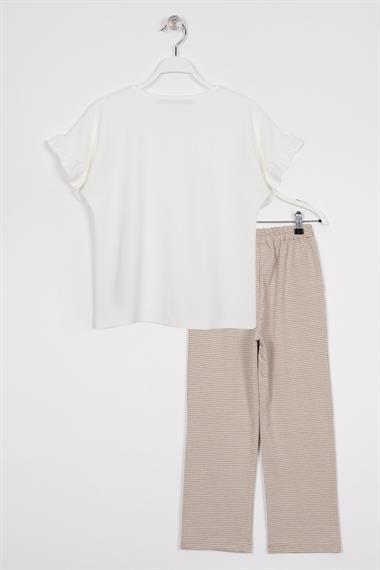 Bisiklet Yaka Kısa Kol Pötikare Detaylı Ekru Bej Renk Kız Çocuk Pantolon Takım