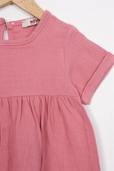 Bisiklet Yaka Kısa Kol Sapka Aksesuarlı PEmbe Renk Kız Cocuk Elbıse