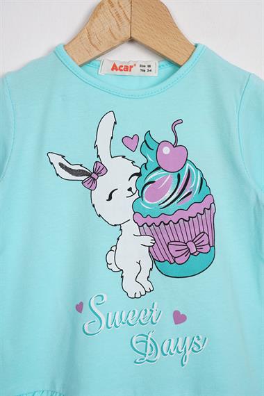 Bisiklet Yaka Kısa Kol Sweet Days Baskılı Mint Renk Kız Çocuk Taytlı Takım