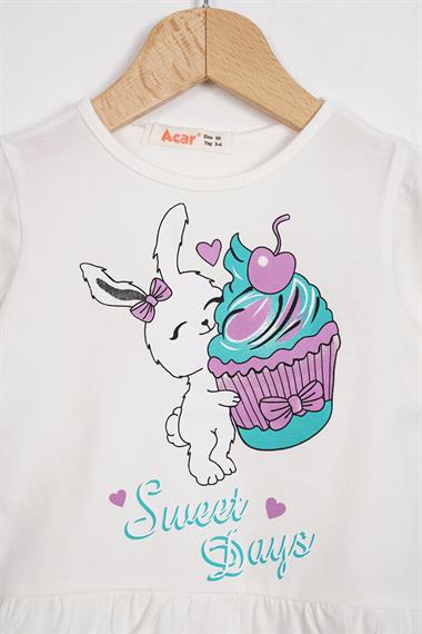 Bisiklet Yaka Kısa Kol Sweet Days Baskılı Ekru Renk Kız Çocuk Taytlı Takım