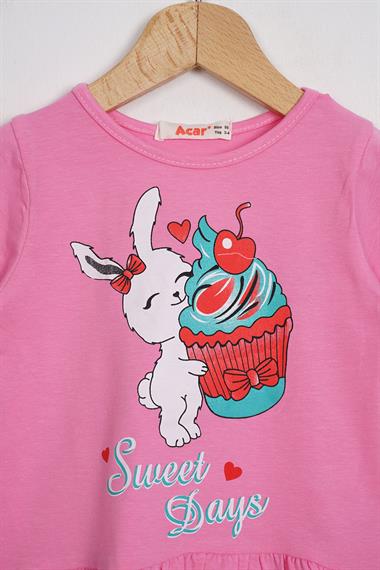 Bisiklet Yaka Kısa Kol Sweet Days Baskılı Pembe Renk Kız Çocuk Taytlı Takım