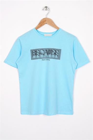 Bisiklet Yaka Kısa Kol Yazı Baskılı Açık Mavi Renk Erkek Çocuk Tshirt