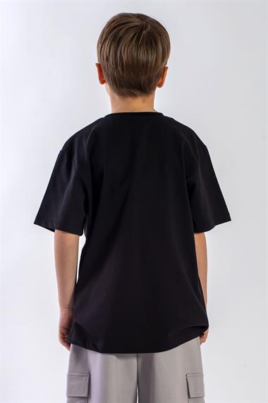 Bisiklet Yaka Kısa Kol Yazı Baskılı Siyah Renk Erkek Çocuk Tshirt