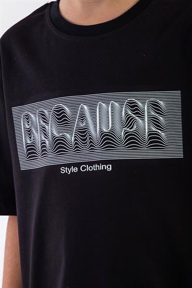 Bisiklet Yaka Kısa Kol Yazı Baskılı Siyah Renk Erkek Çocuk Tshirt
