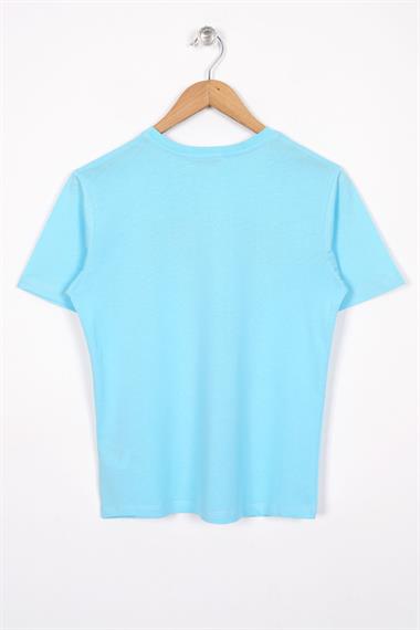 Bisiklet Yaka Kısa Kol Yazı Baskılı Açık Mavi Renk Erkek Çocuk Tshirt