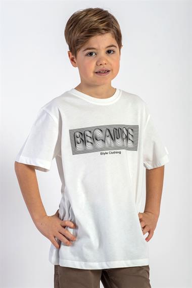 Bisiklet Yaka Kısa Kol Yazı Baskılı Ekru Renk Erkek Çocuk Tshirt