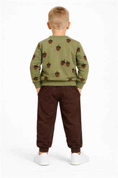 Bisiklet Yaka Meşe Palamudu Baskılı Haki - Kahve Renk Erkek Çocuk Eşofman Takımı