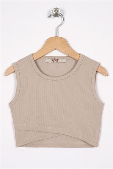 Bisiklet Yaka Sıfır Kol Capraz Bel Detaylı Bej Renk Kız Cocuk Tshırt