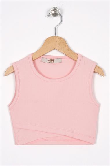 Bisiklet Yaka Sıfır Kol Capraz Bel Detaylı Pembe Renk Kız Cocuk Tshırt