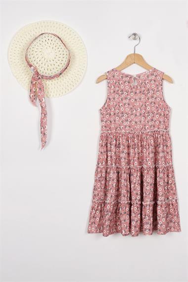 Bisiklet Yaka Sıfır Kol Şapka Aksesuarlı Kahverengi Renk Kız Çocuk Elbise