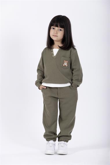 Bisiklet Yaka Uzun Kol Ayıcık Armalı Garnılı Bel Paca Lastikli Haki Renk Kız Çocuk Esofman Takım