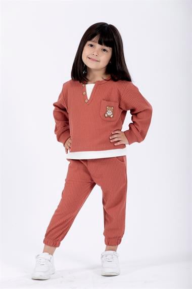 Bisiklet Yaka Uzun Kol Ayıcık Armalı Garnılı Bel Paca Lastikli Kiremit Renk Kız Çocuk Esofman Takım