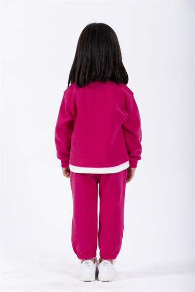 Bisiklet Yaka Uzun Kol Ayıcık Armalı Garnılı Bel Paca Lastikli Fuşya Renk Kız Çocuk Esofman Takım