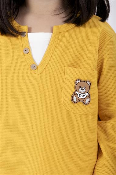 Bisiklet Yaka Uzun Kol Ayıcık Armalı Garnılı Bel Paca Lastikli Sari Renk Kız Çocuk Esofman Takım