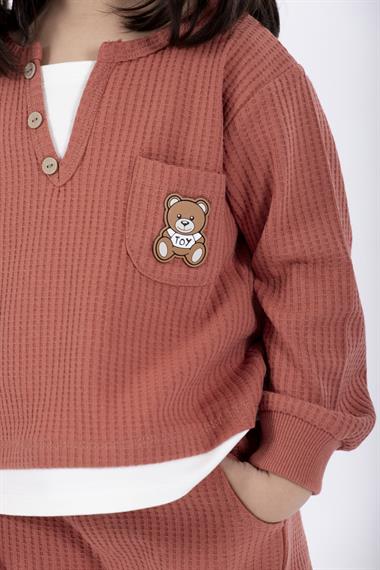 Bisiklet Yaka Uzun Kol Ayıcık Armalı Garnılı Bel Paca Lastikli Kiremit Renk Kız Çocuk Esofman Takım