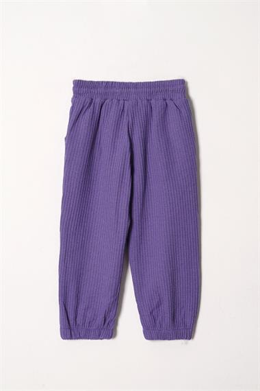 Bisiklet Yaka Uzun Kol Ayıcık Armalı Garnılı Bel Paca Lastikli Mor Renk Kız Çocuk Esofman Takım