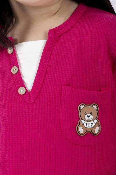 Bisiklet Yaka Uzun Kol Ayıcık Armalı Garnılı Bel Paca Lastikli Fuşya Renk Kız Çocuk Esofman Takım