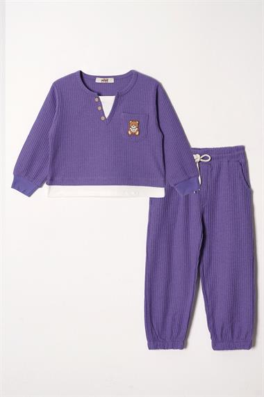 Bisiklet Yaka Uzun Kol Ayıcık Armalı Garnılı Bel Paca Lastikli Mor Renk Kız Çocuk Esofman Takım