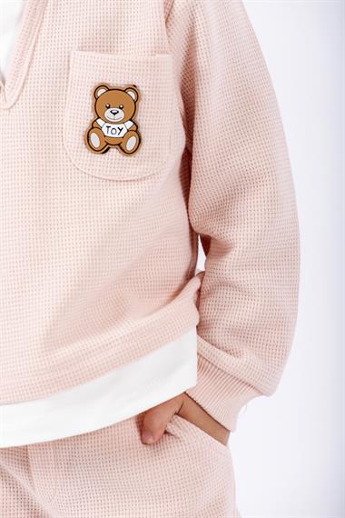 Bisiklet Yaka Uzun Kol Ayıcık Armalı Garnılı Bel Paca Lastikli Somon Renk Kız Çocuk Esofman Takım