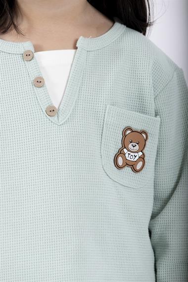 Bisiklet Yaka Uzun Kol Ayıcık Armalı Garnılı Bel Paca Lastikli Mint Renk Kız Çocuk Esofman Takım