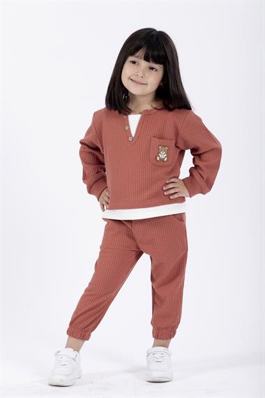 Bisiklet Yaka Uzun Kol Ayıcık Armalı Garnılı Bel Paca Lastikli Kiremit Renk Kız Çocuk Esofman Takım