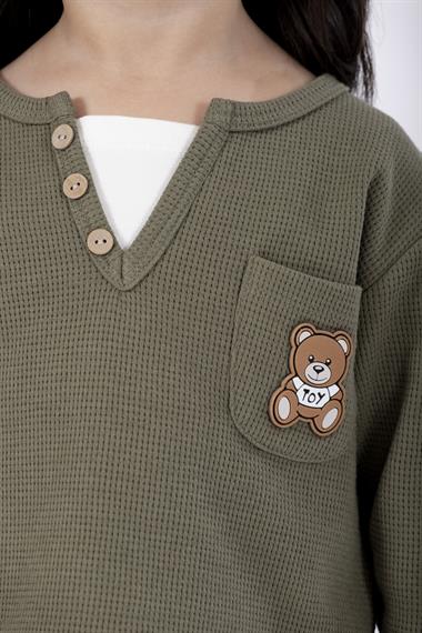 Bisiklet Yaka Uzun Kol Ayıcık Armalı Garnılı Bel Paca Lastikli Haki Renk Kız Çocuk Esofman Takım