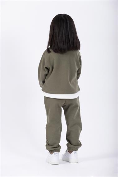 Bisiklet Yaka Uzun Kol Ayıcık Armalı Garnılı Bel Paca Lastikli Haki Renk Kız Çocuk Esofman Takım