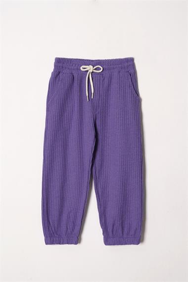 Bisiklet Yaka Uzun Kol Ayıcık Armalı Garnılı Bel Paca Lastikli Mor Renk Kız Çocuk Esofman Takım