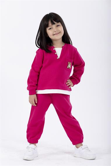 Bisiklet Yaka Uzun Kol Ayıcık Armalı Garnılı Bel Paca Lastikli Fuşya Renk Kız Çocuk Esofman Takım