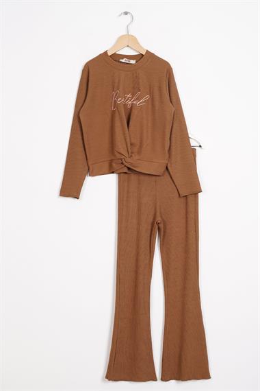 Bisiklet Yaka Uzun Kol Baskılı Kahverengi Renk Kız Çocuk Pantolon Takım