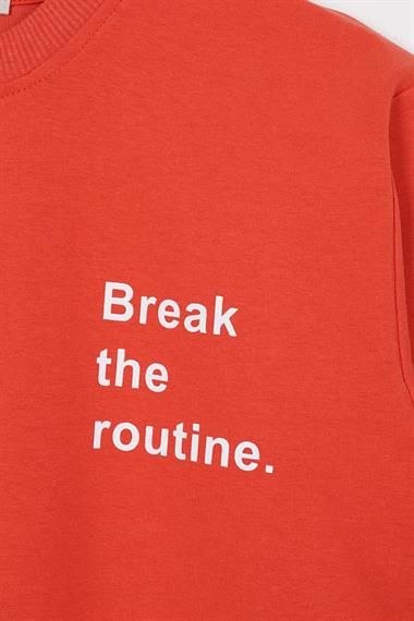 Bisiklet Yaka Uzun Kol Yazı Baskılı Kiremit Renk Erkek Çocuk Sweatshirt