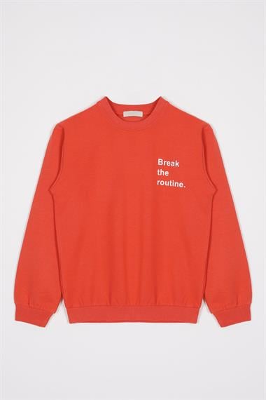 Bisiklet Yaka Uzun Kol Yazı Baskılı Kiremit Renk Erkek Çocuk Sweatshirt