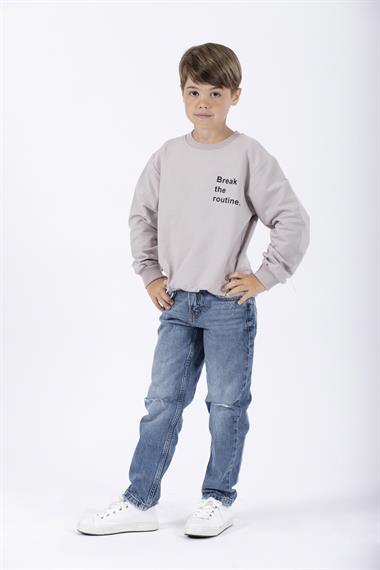 Bisiklet Yaka Uzun Kol Yazı Baskılı Taş Rengi Erkek Çocuk Sweatshirt