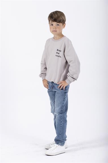 Bisiklet Yaka Uzun Kol Yazı Baskılı Taş Rengi Erkek Çocuk Sweatshirt