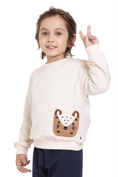 Bisiklet Yaka Cep Detaylı Taş Renk Erkek Çocuk Sweatshirt