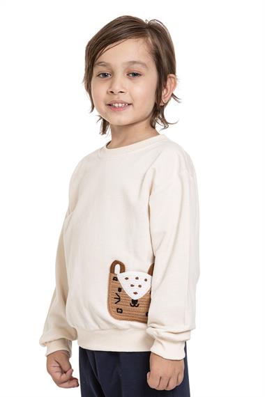 Bisiklet Yaka Cep Detaylı Taş Renk Erkek Çocuk Sweatshirt