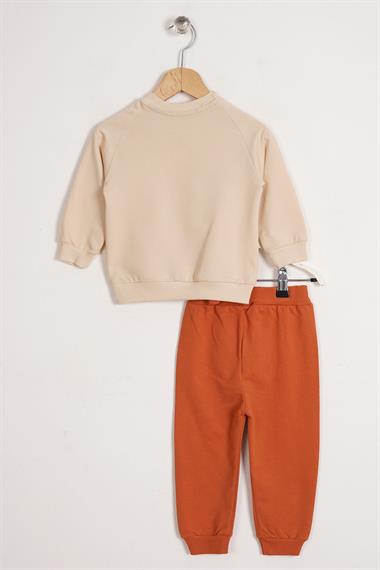 Dinazor Figürlü Yazı Baskılı Kiremit Renk Erkek Çocuk İkili Takım